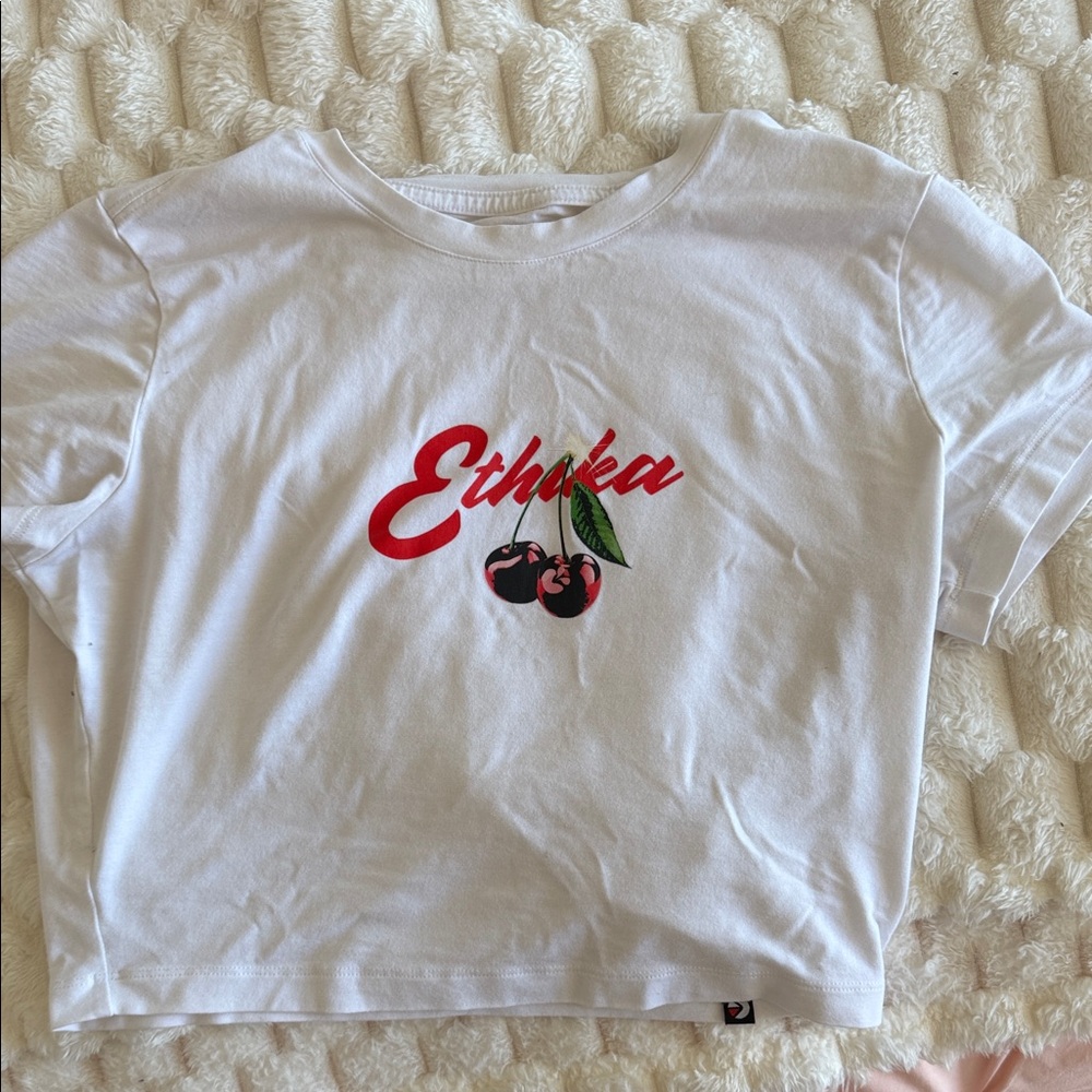 ethika White Tee with Red Logo & Cherry Graphic